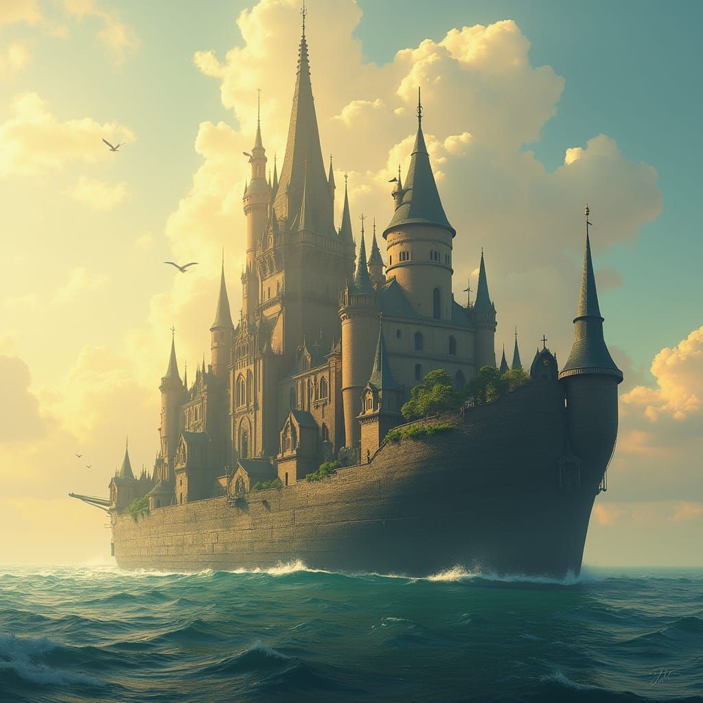 Fantastical Castle Ship Sails Golden Ocean