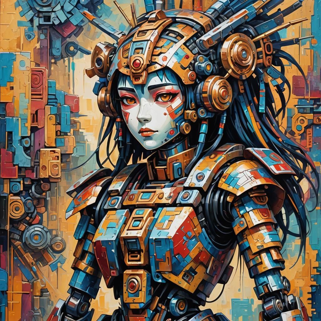Aztec Robot Manga Girl in Expressionist Oil Painting