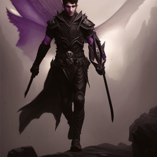 Dark Elf Warrior with Bat Wings in Black Armor