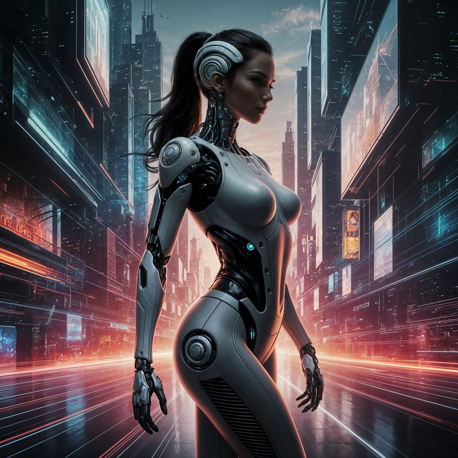 Cybernetic Woman Silhouetted Against Futuristic Cityscape