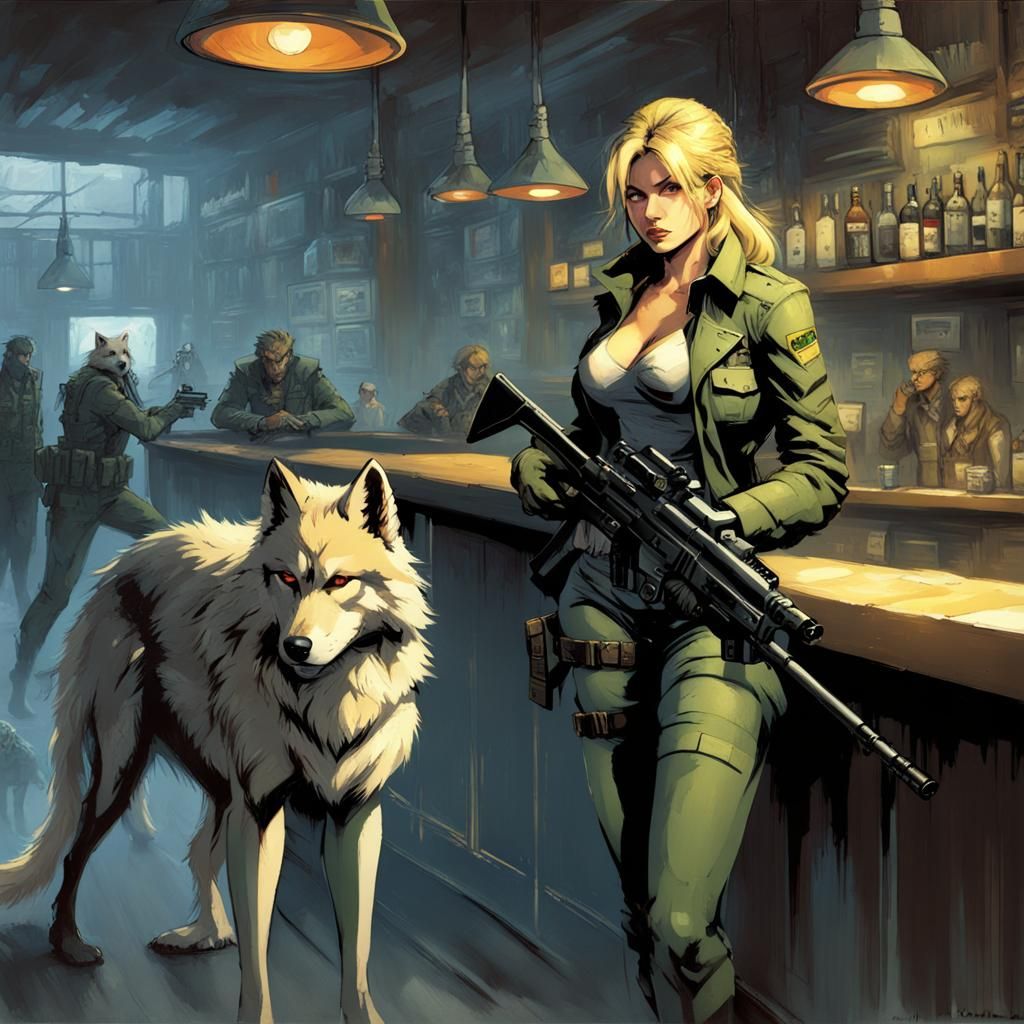 Sniper Wolf in Bar, Greg Rutkowski Style