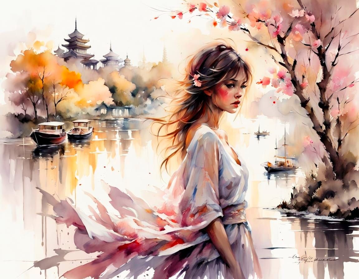 Golden Sunset Over Cherry Blossom River