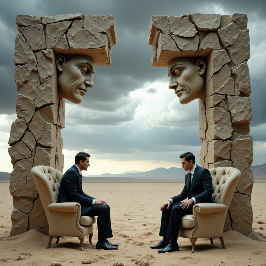 Surreal 3D Scene: Man Gazes at Broken Stone Frame
