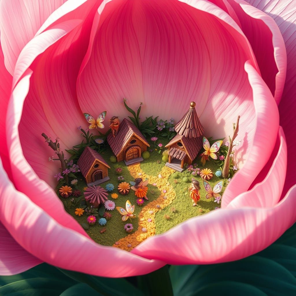 Miniature Fairy Village Inside a Peony Flower