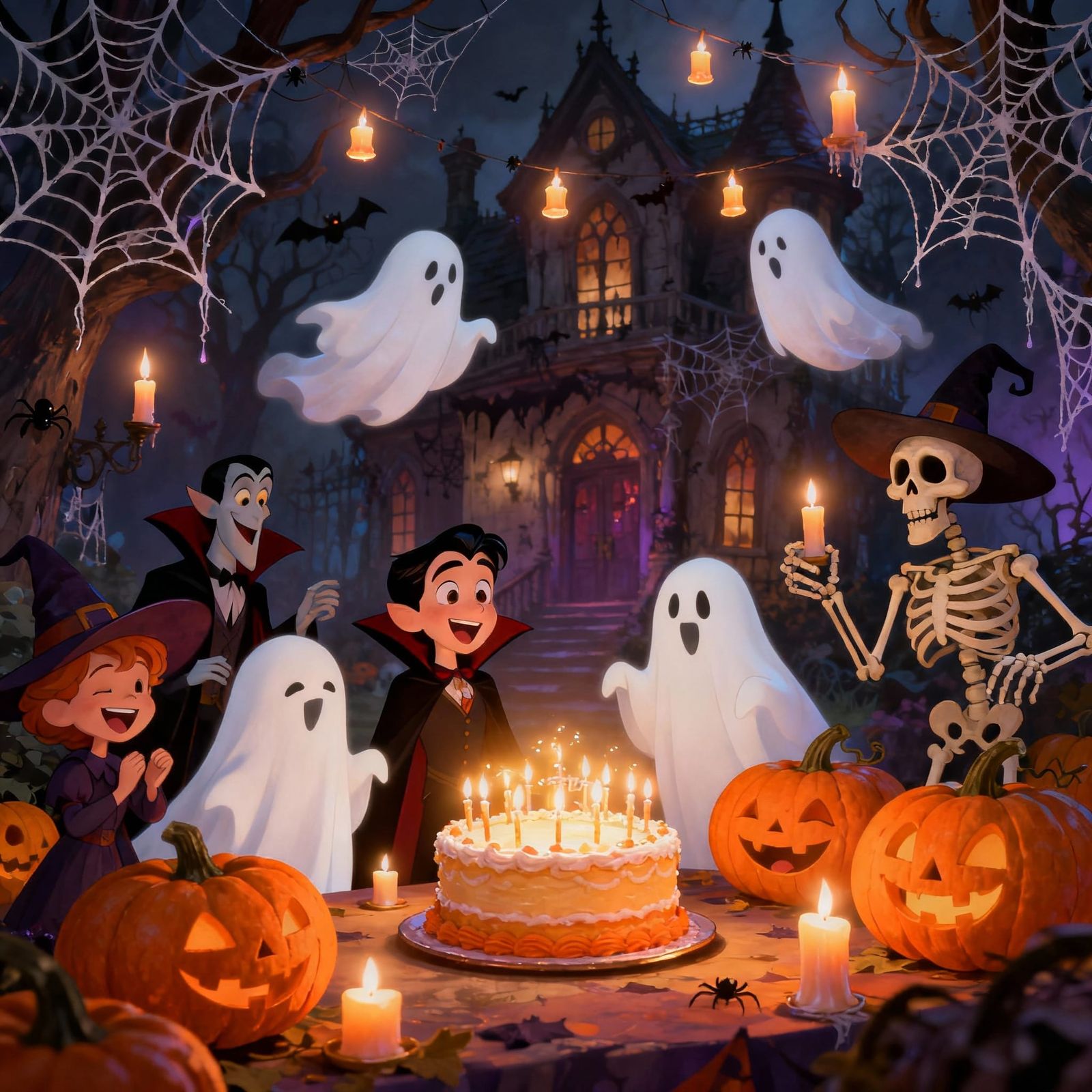 Halloween Party in Haunted Mansion with Cute Creatures