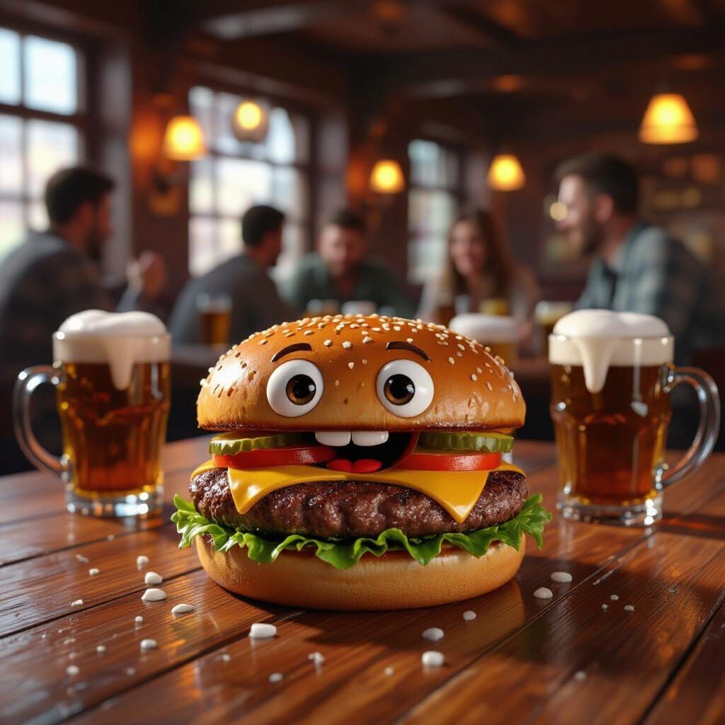Animated Hamburger in a Lively Pub Scene
