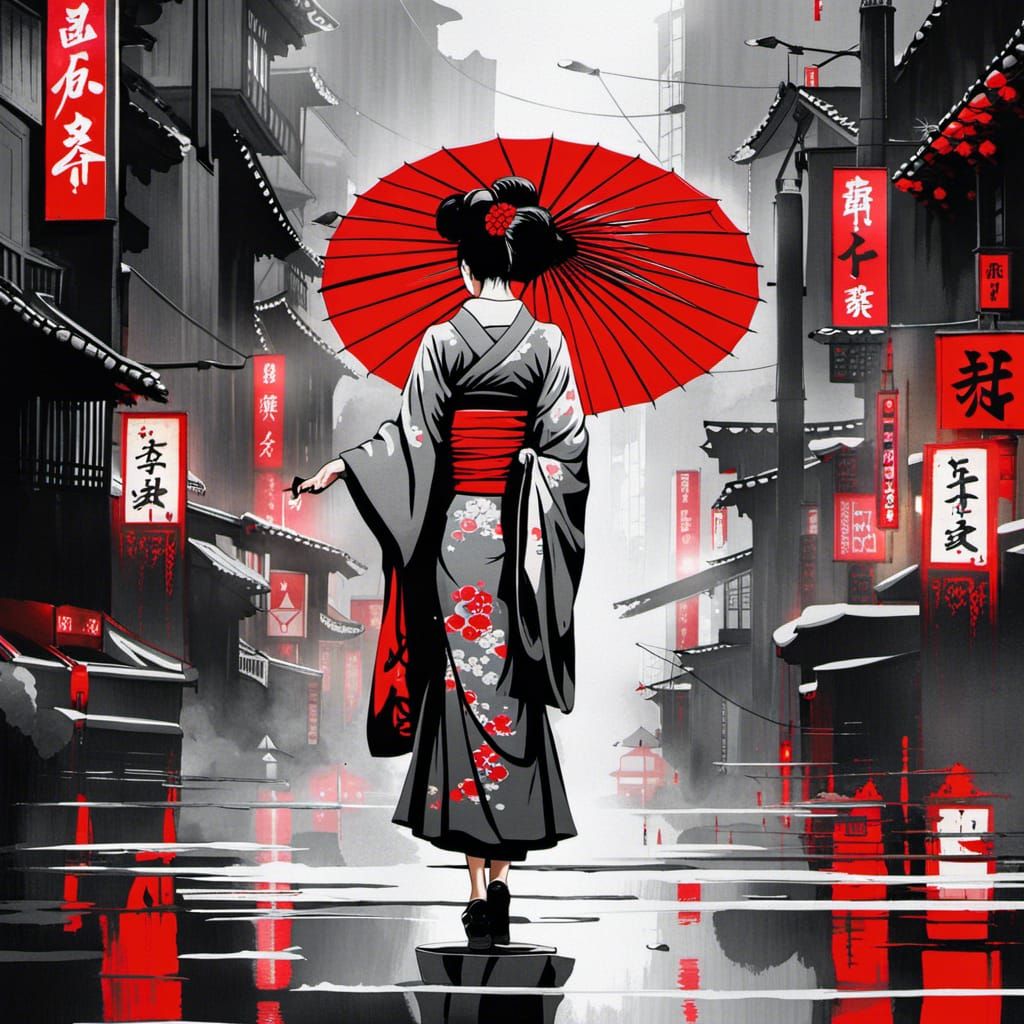 Geisha in Dystopian City: Watercolor Graffiti Art