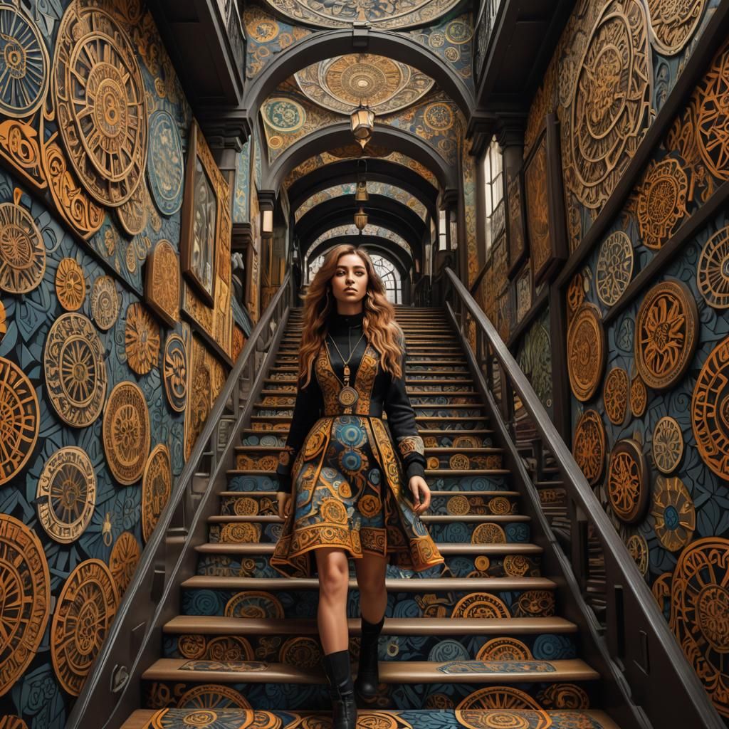 Girl on Escher Stairs in Renaissance Style
