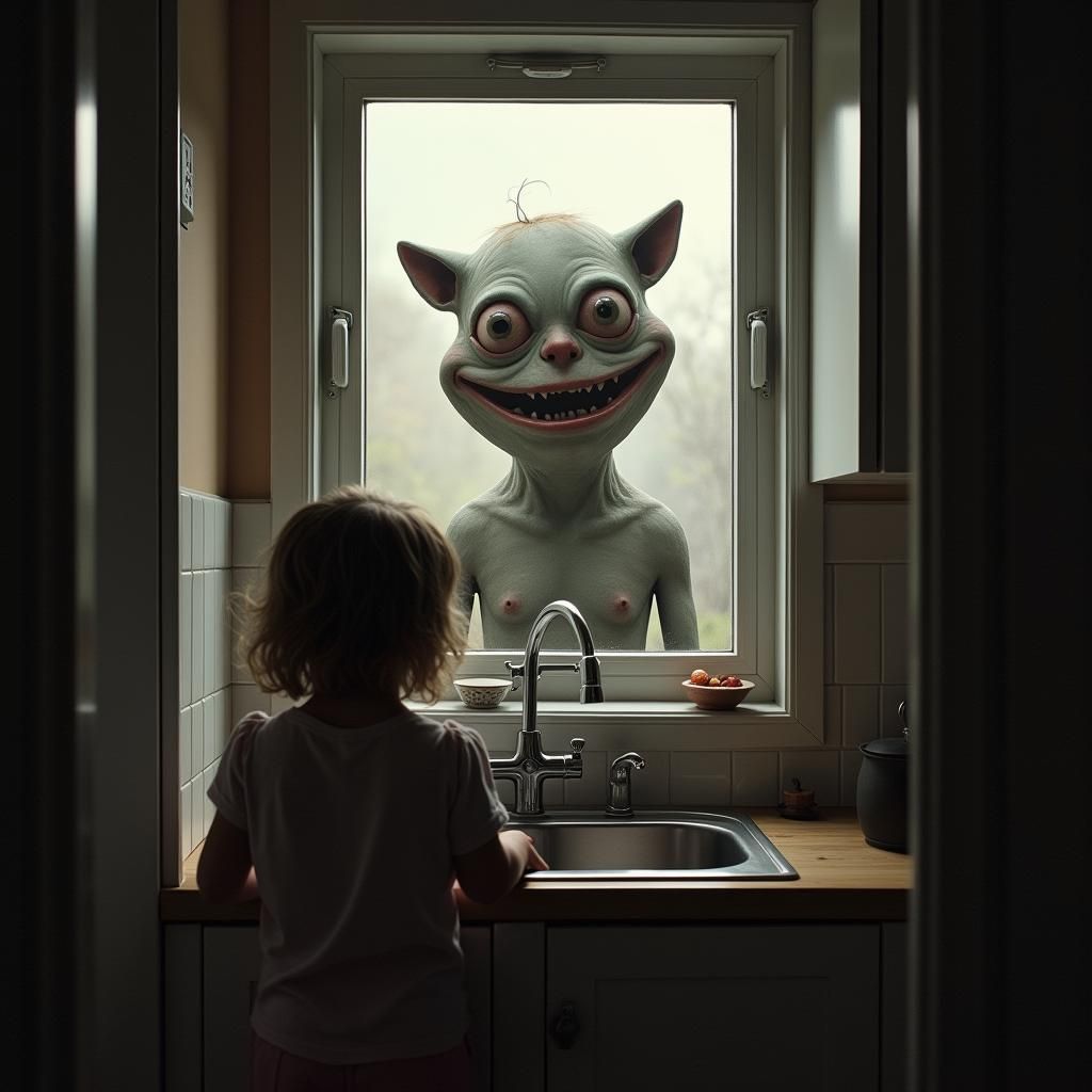 Eerie Figure Outside Window in Surrealist Style