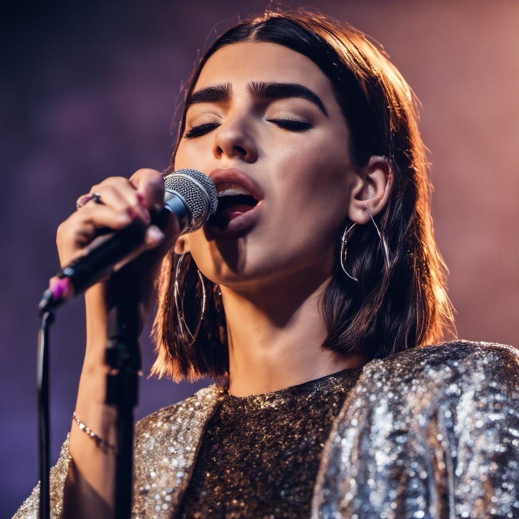 Dua Lipa Sings with Eyes Closed: Hyperrealistic Capture