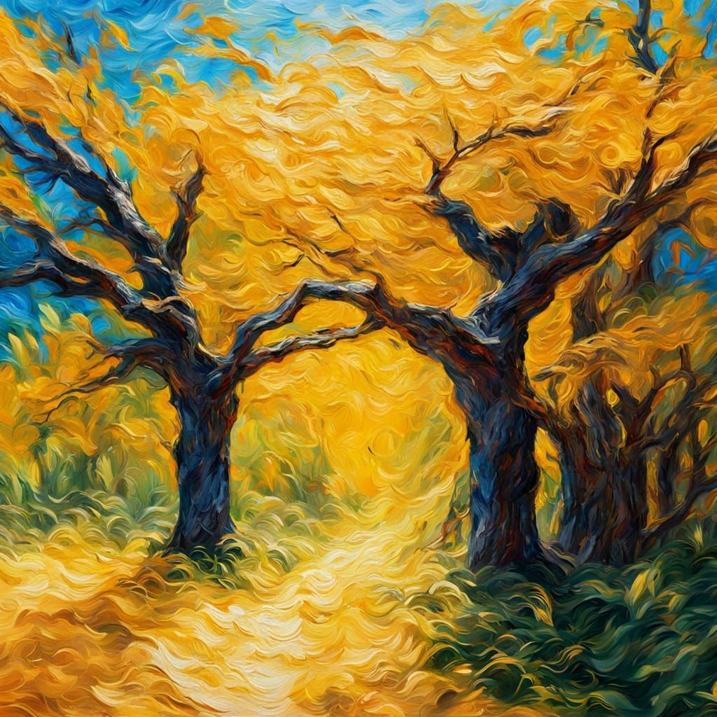 Sunbeam on Tree in Impasto Oil Painting Style