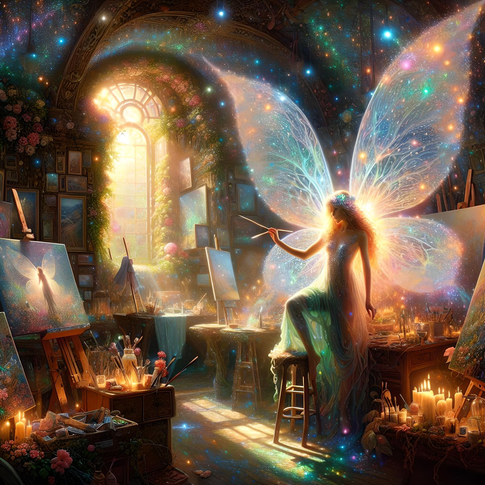 Rainbow Fairy in Sunlit Atelier, Art Nouveau Painting