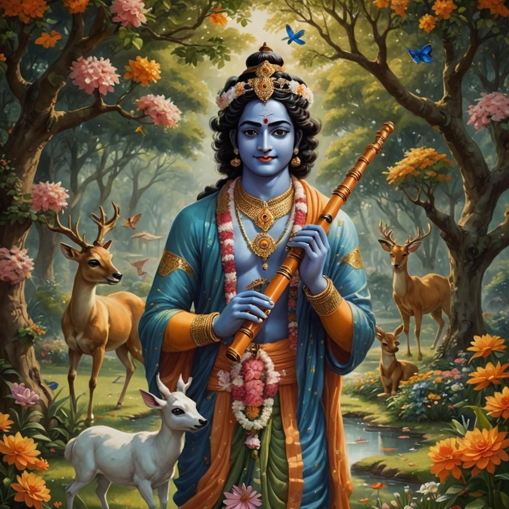 Krishna Playing Flute in Enchanted Garden