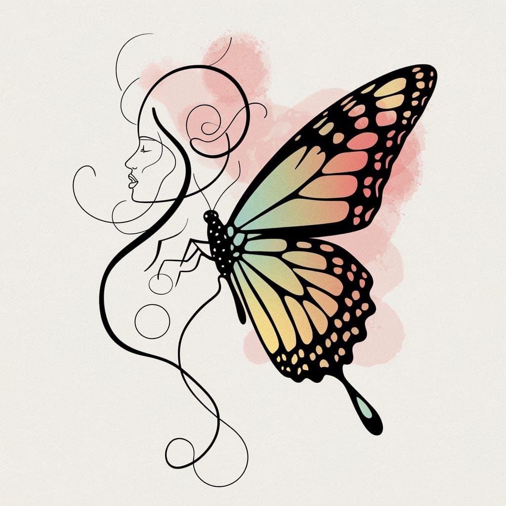 Stylized Butterfly with Art Nouveau Profile Portrait Wings