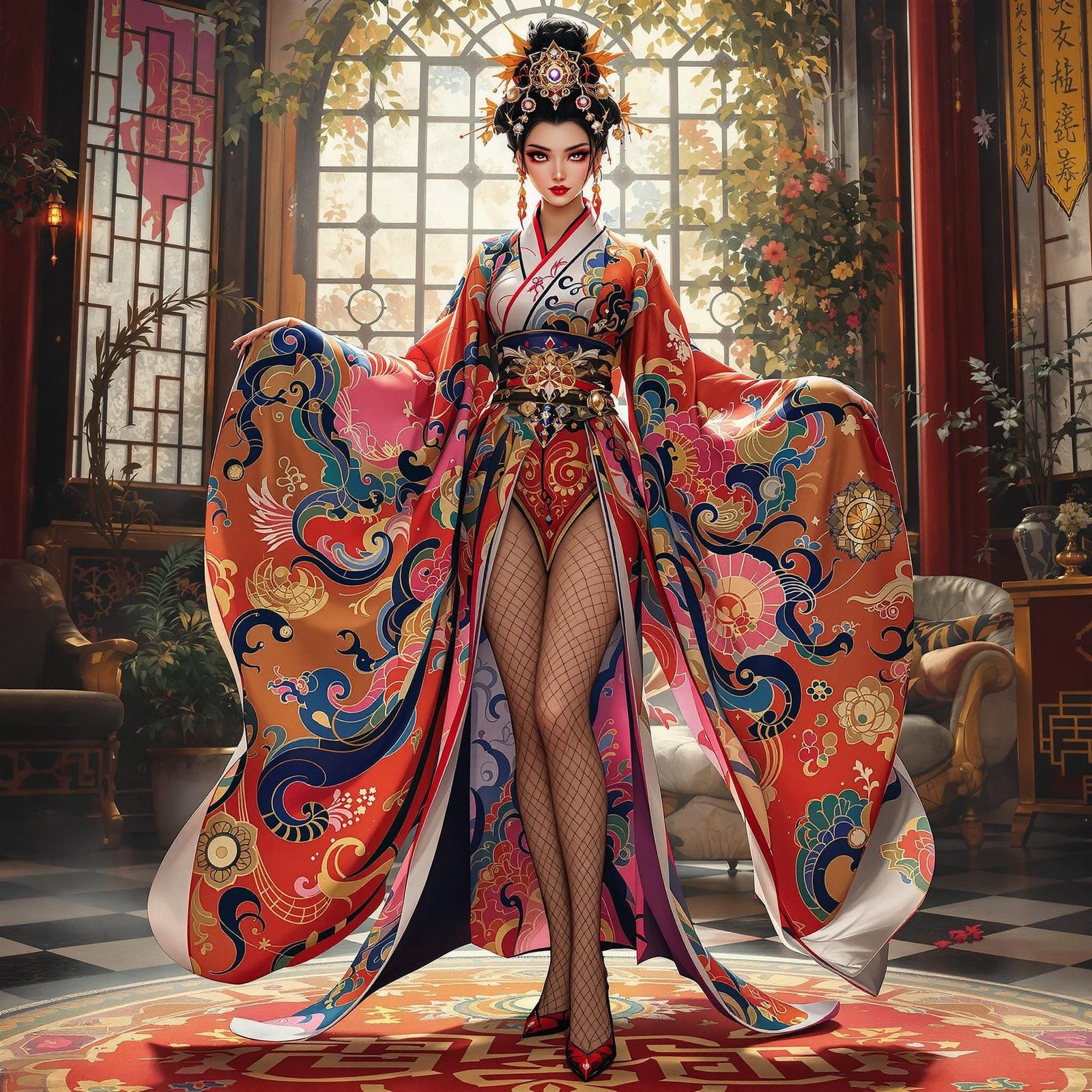 Japanese Shinto Priestess in Opulent Room, Futuristic Realis...