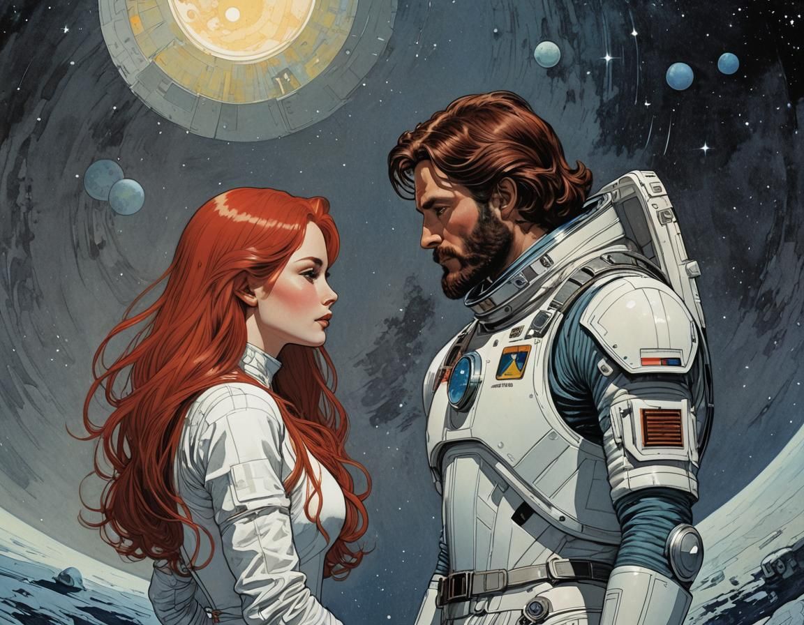 Romantic Space Embrace in Retrofuturist Sci-Fi Style