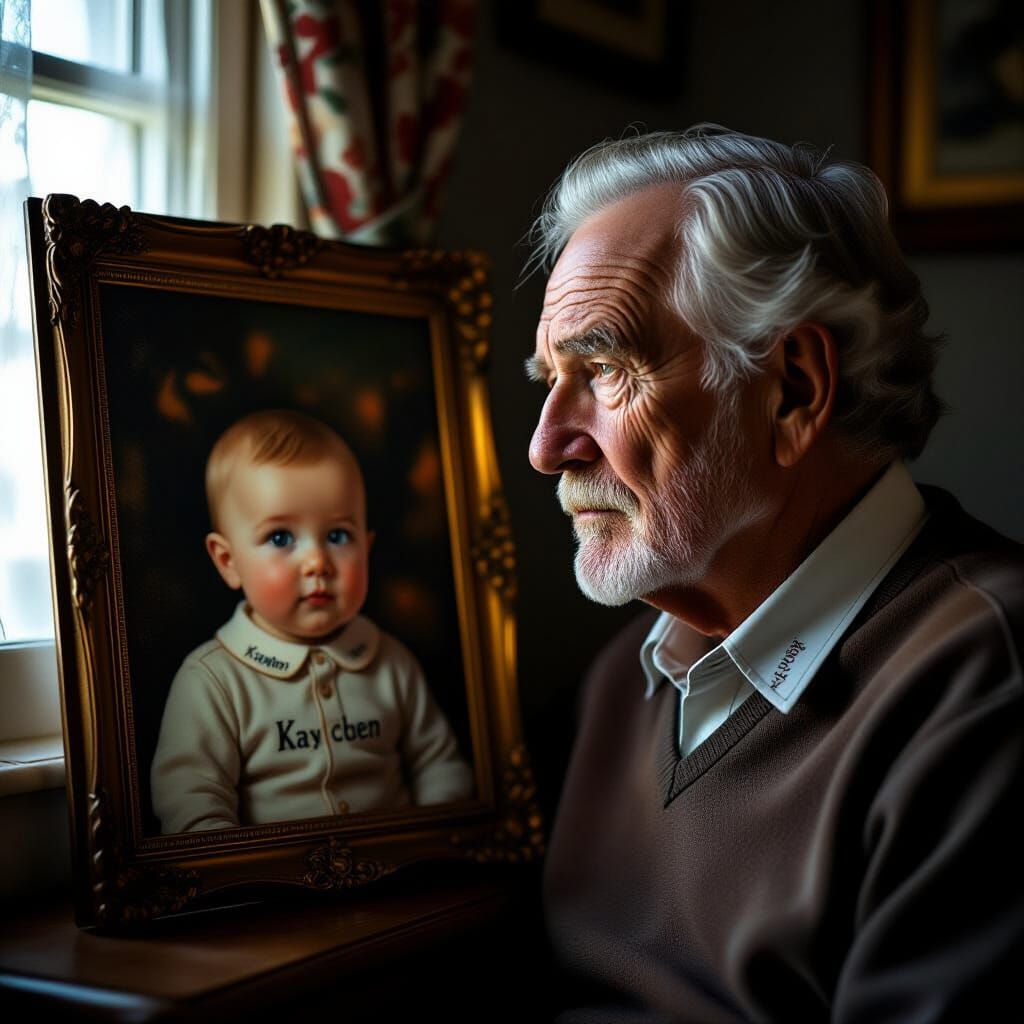 Elderly Man Views Painting of Baby, Both Wear "Kayden" Colla...