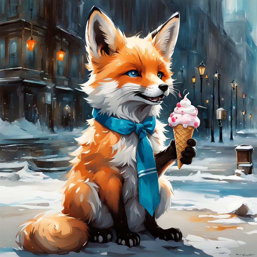 Adorable Fox Pup Licking Ice-Cream Cone