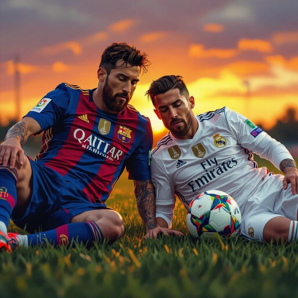 Ronaldo and Messi Dejected After Tackle, Hyperrealistic Digi...