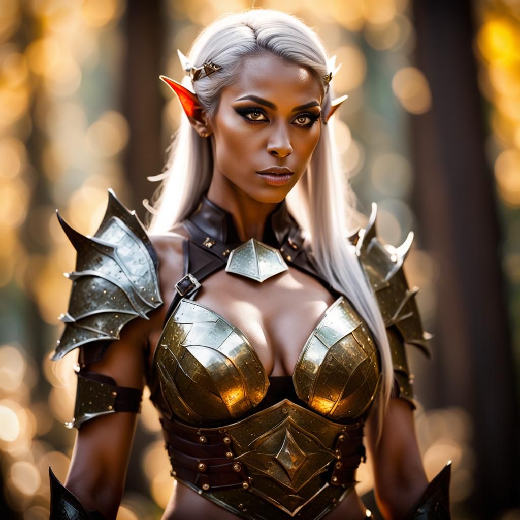 Seductive Dark Elf in Sunlit Forest: Professional Photograph...