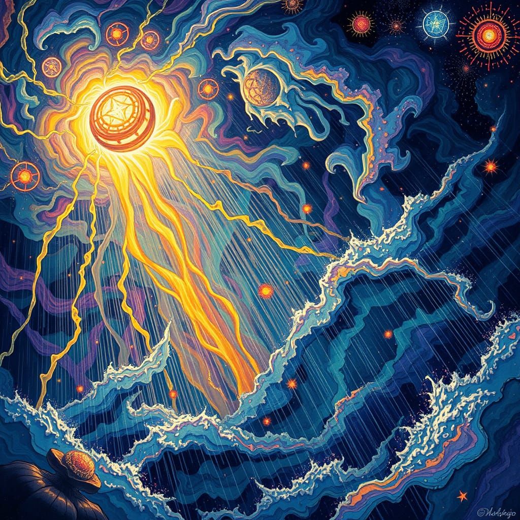 Cosmic Storm in Vibrant Holographic Illustration