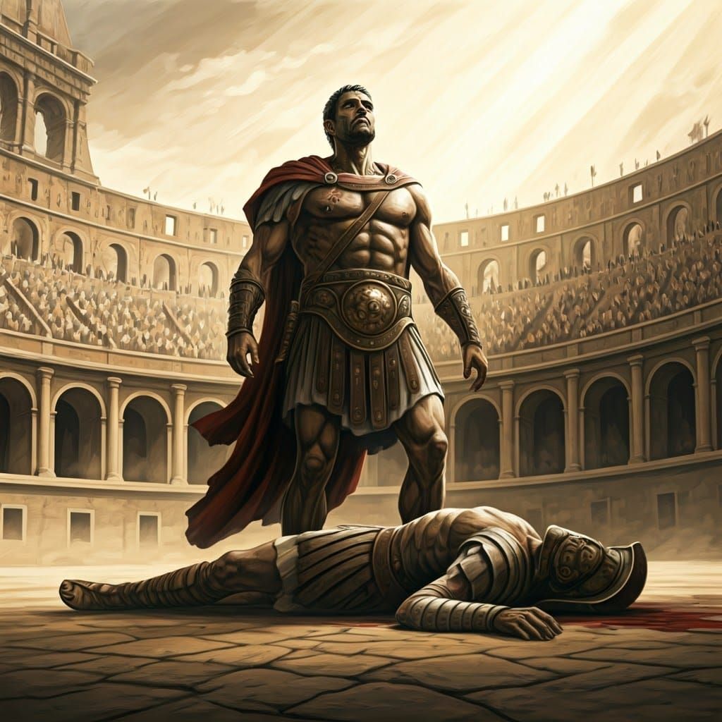 Gladiator's Victory in the Colosseum: A Charcoal Rendering