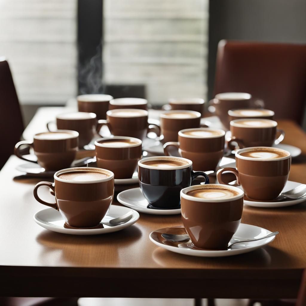 Nine Steaming Coffee Cups on Dining Table