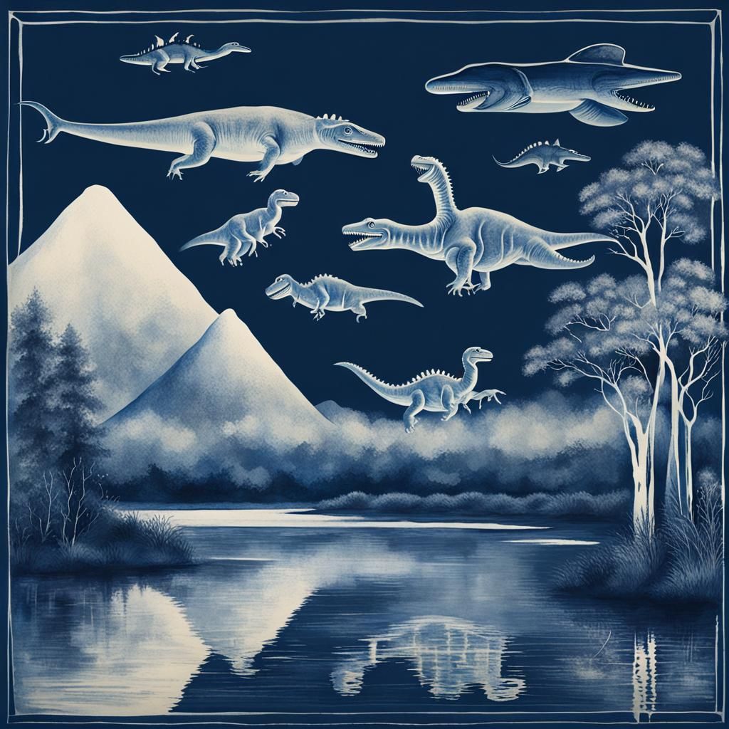 Ethereal Cyanotype Landscape with Dinosaurs