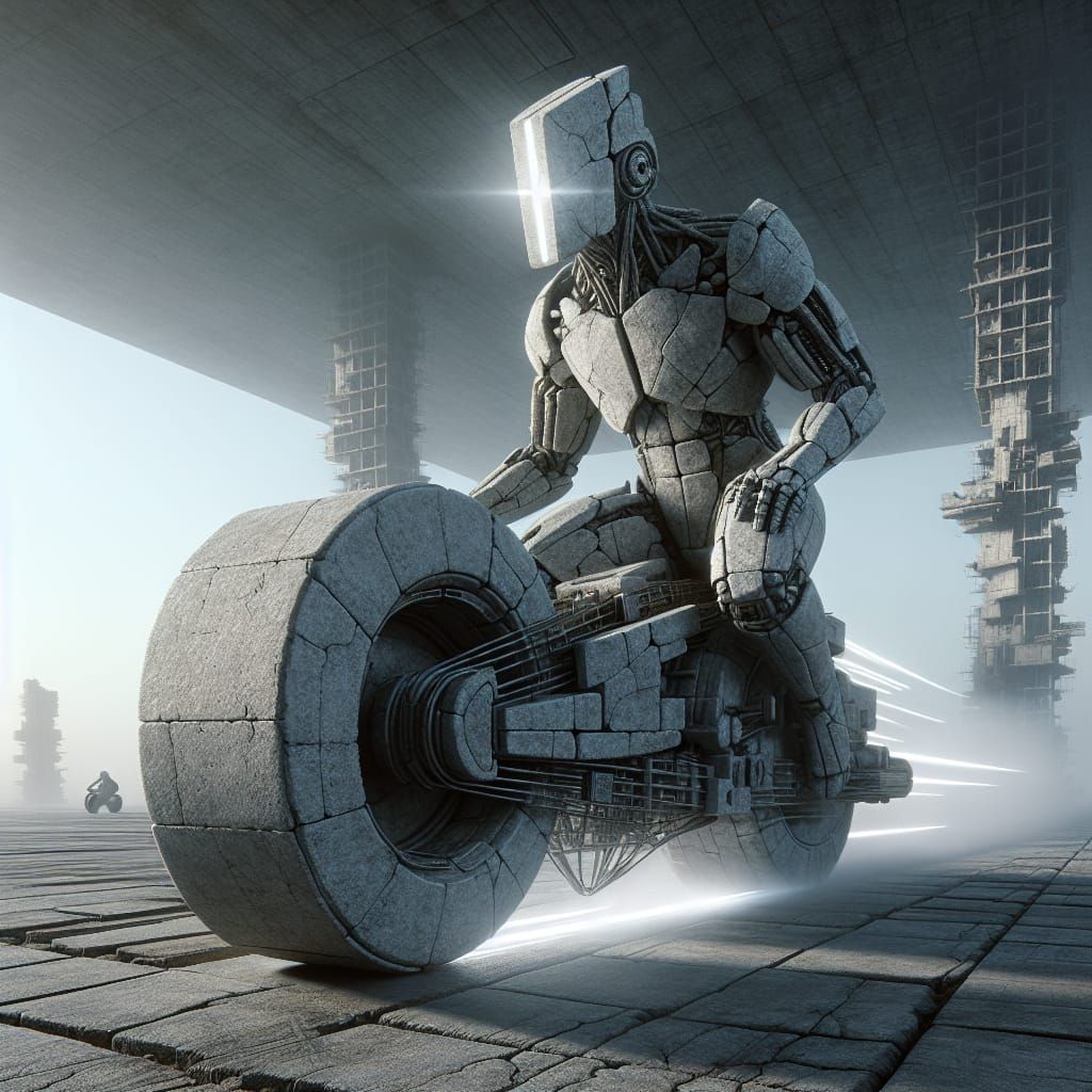Stone Android on Brutalist Monowheel in Foggy Megastructure ...