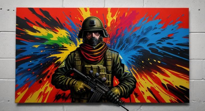 Israeli Soldier Amidst Explosions: Street Art Illustration