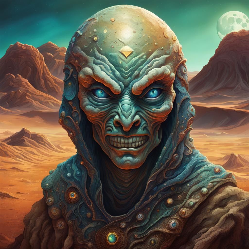 Alien Man with Diamond Eyes in Desert