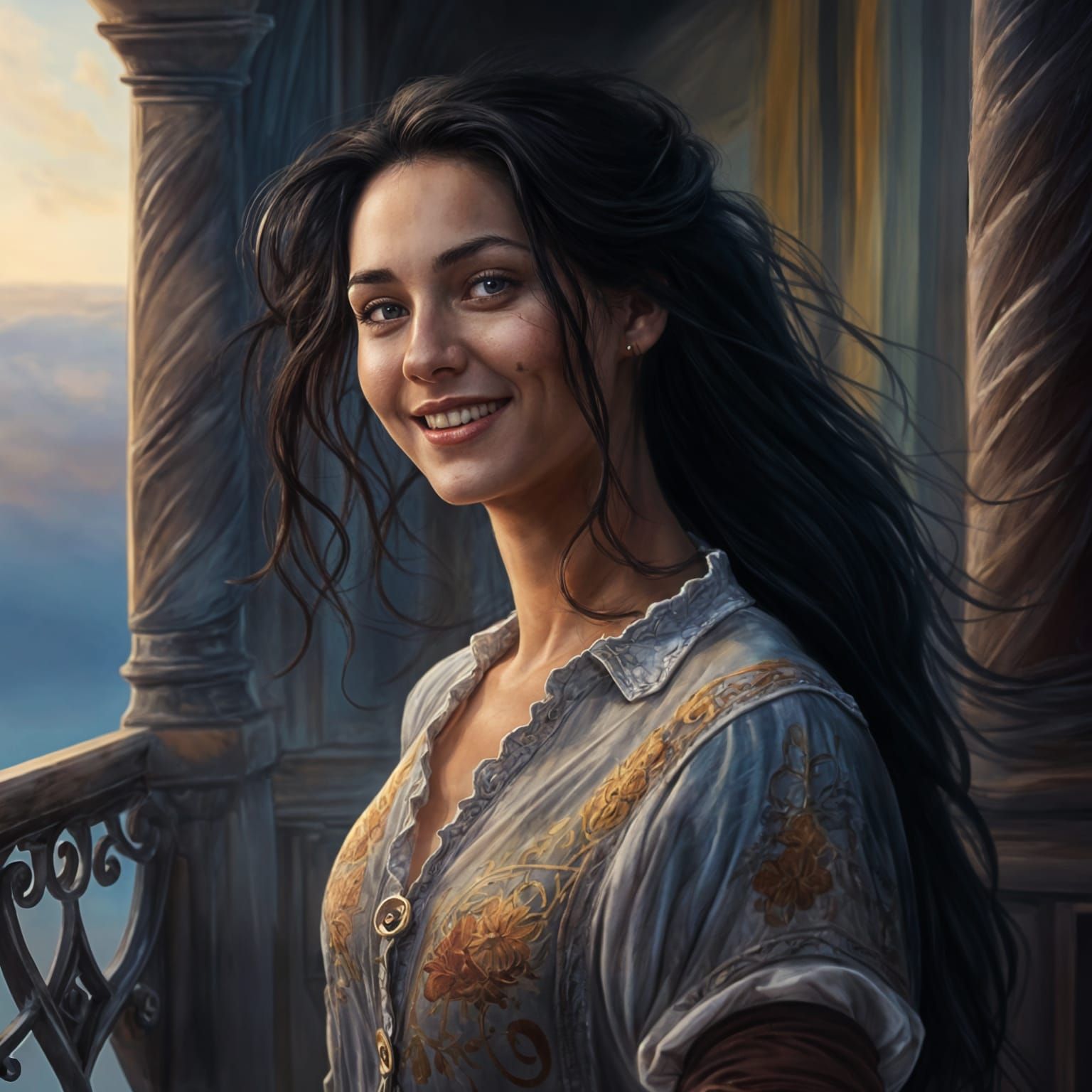 Renaissance Girl on Balcony in Fog