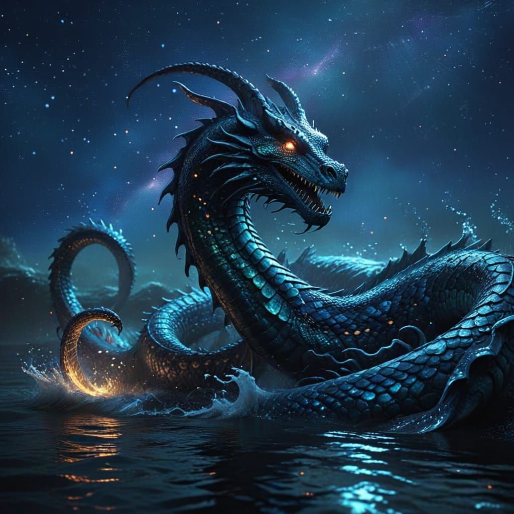 Shimmering Sea Serpent Emerges Under Starry Sky