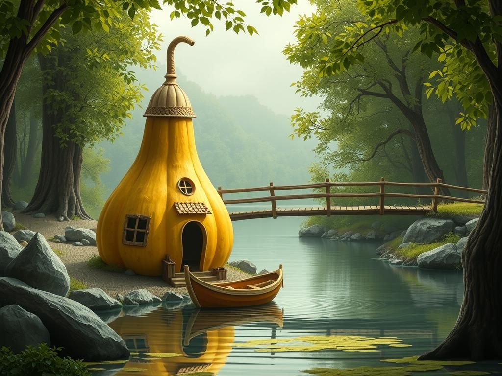 Gourd House on River with Boat