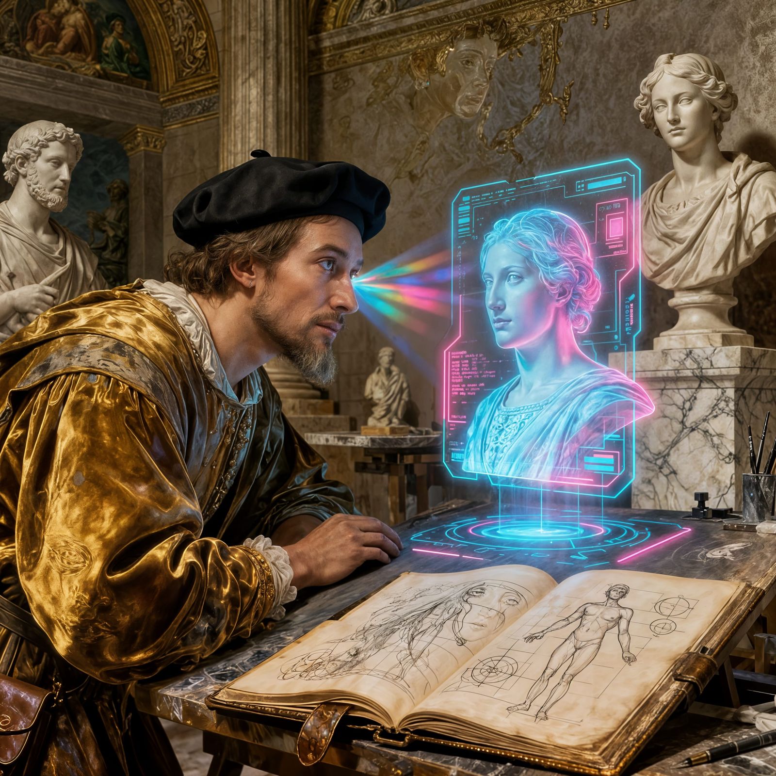 Sculptor Views Hologram on Digital Canvas, Renaissance & Neo...