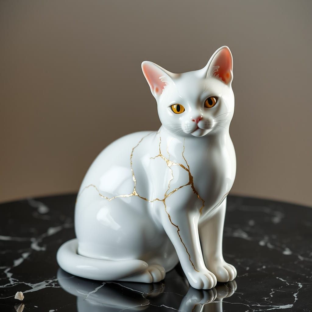 Stunning Kintsugi Porcelain Cat on Black Marble