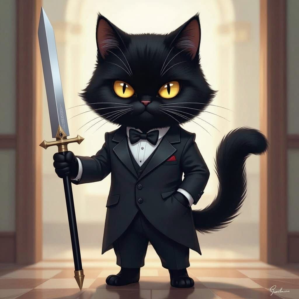 Black Persian Cat Butler with Weaponized Cane