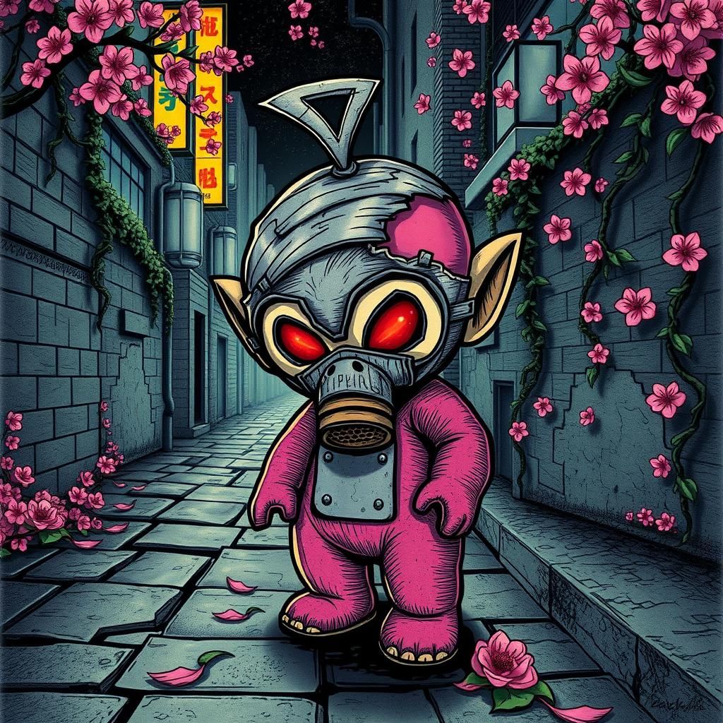 Gasmask Teletubby Lurking in Dystopian Alley