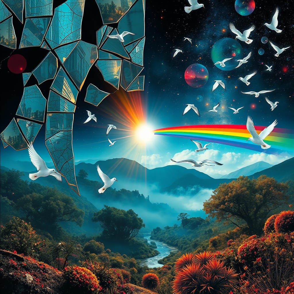 Surreal Dreamscape Collage with Prismatic Light