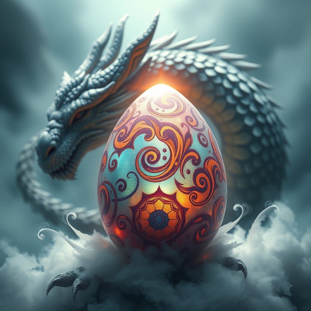 Iridescent Dragon Egg Glows Softly Under Ancient Dragon's Wa...