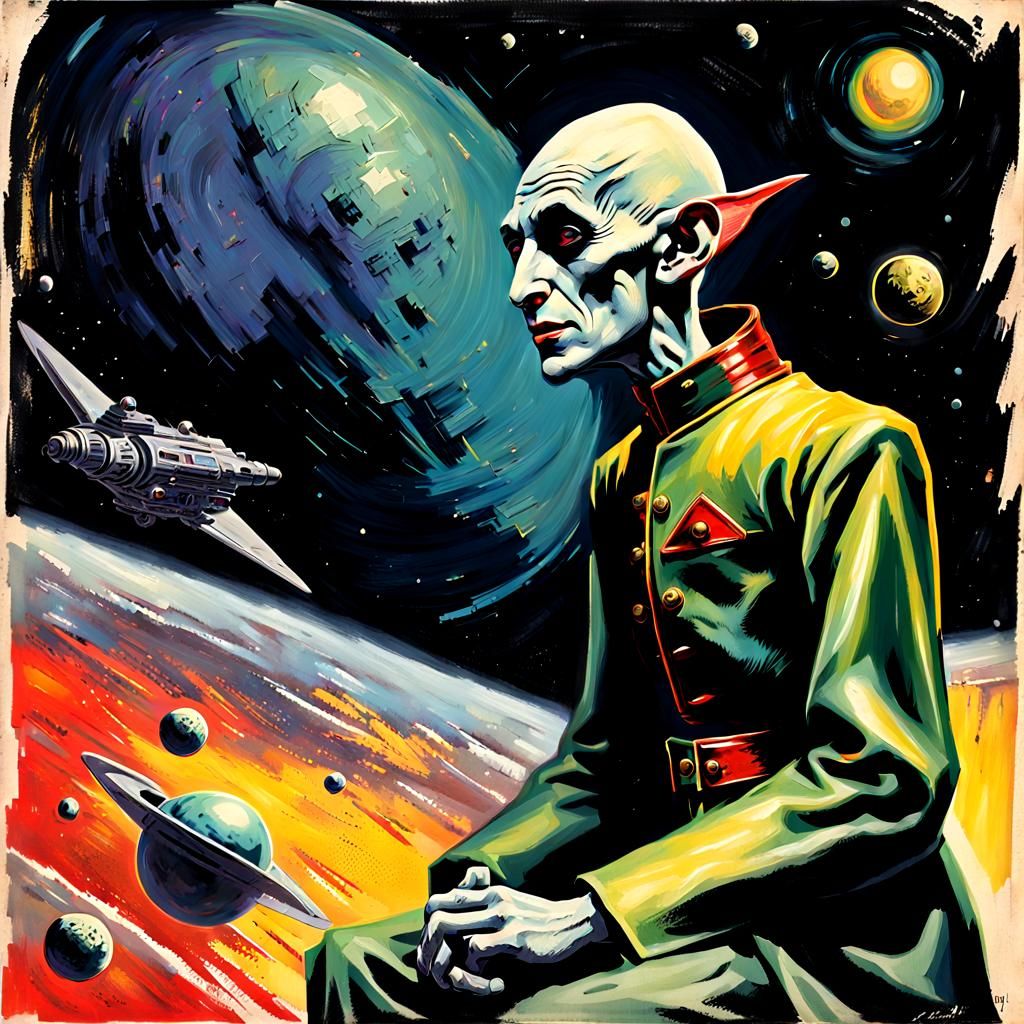 Nosferatu as Space Opera Hero in Glitch Art Style