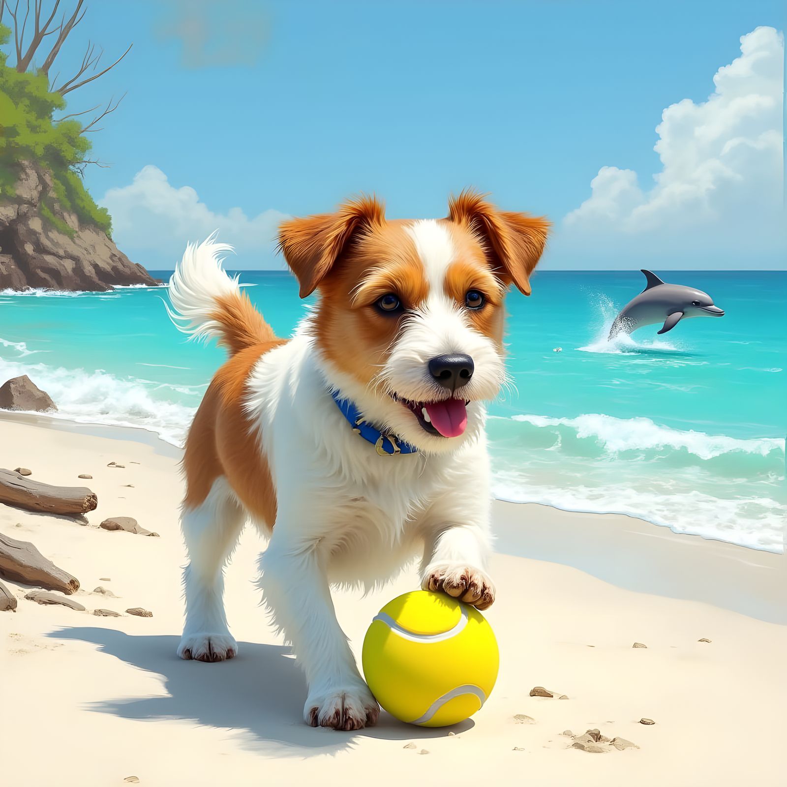 Vibrant Beach Scene of Jack Russell Playing with Tennis Ball