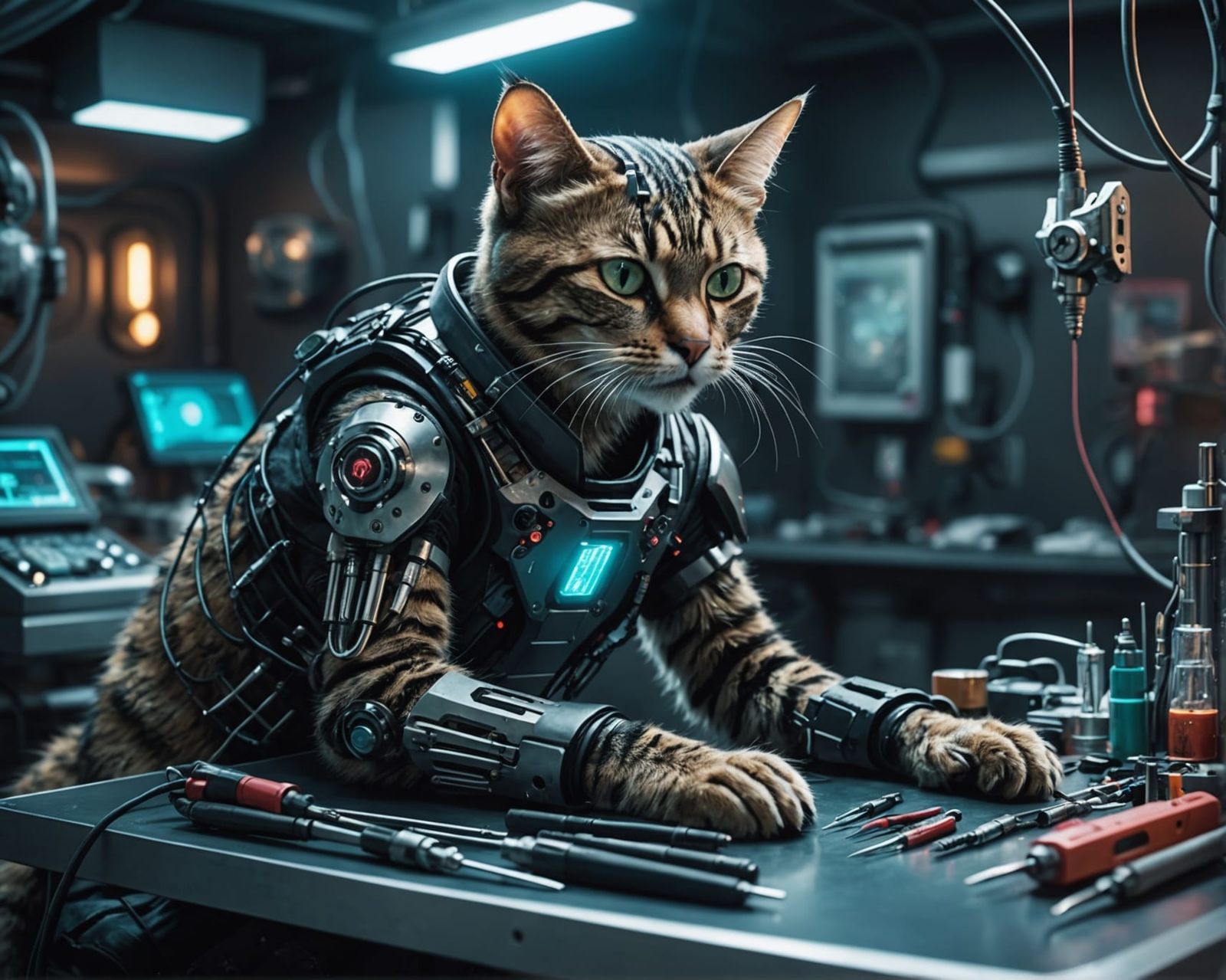 Cyberpunk Vet Operating on Cybernetic Cat