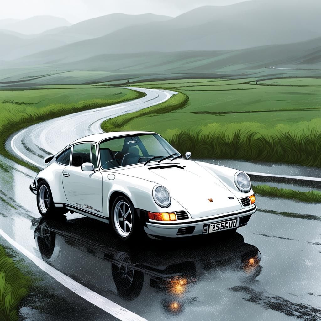 Porsche 911 Drives in Rain, Comic Book Art