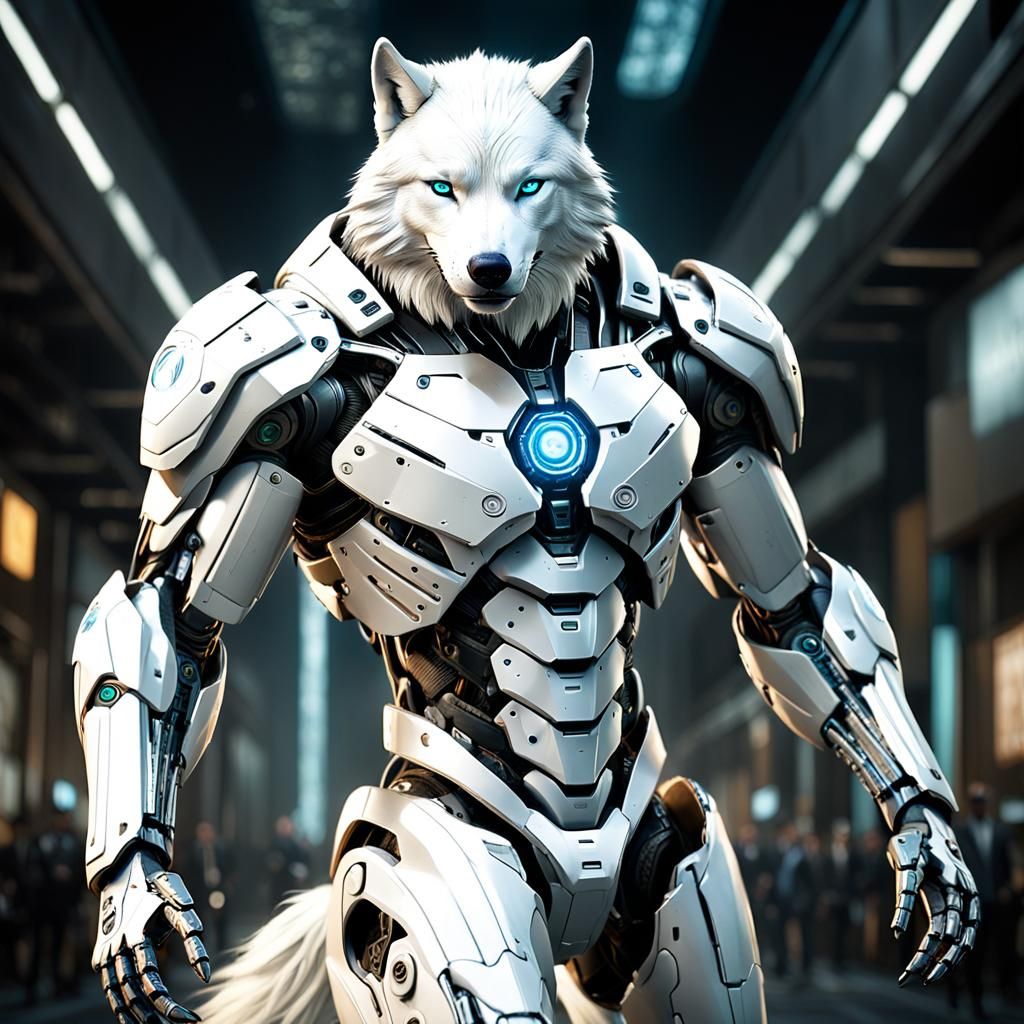 Cybernetic White Wolf Cyborgs in Photorealistic Action