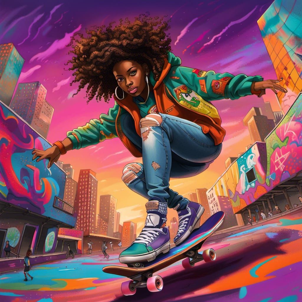 Woman Skateboarding in Urban Skate Park, Detailed Matte Pain...