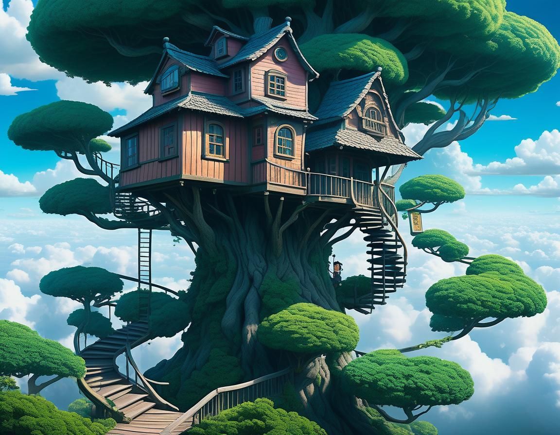Whimsical Treehouse Stairway in Ghibli Style