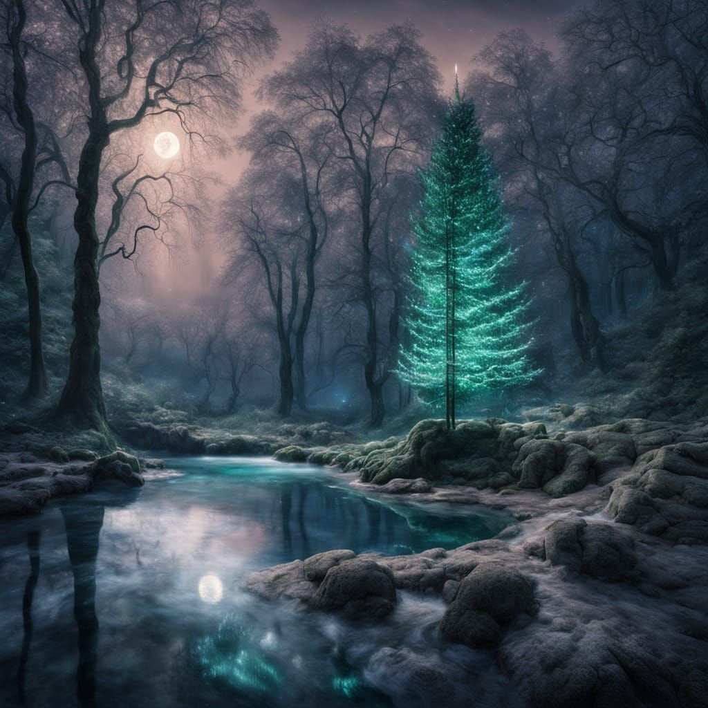 Enchanted Forest with Moonlight Waterfall and Ancient Trees