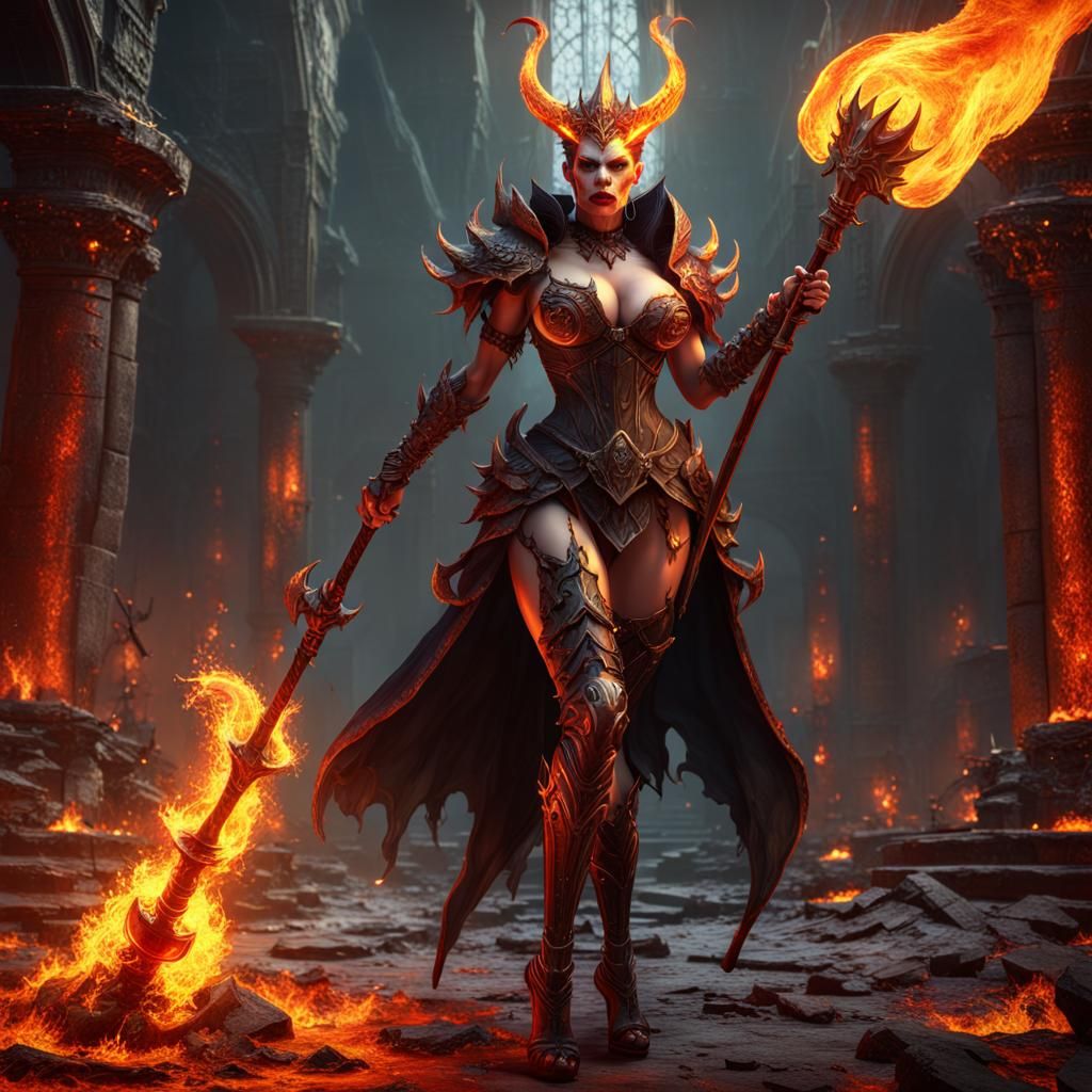 Demon Queen in Hell Holding a Flaming Staff