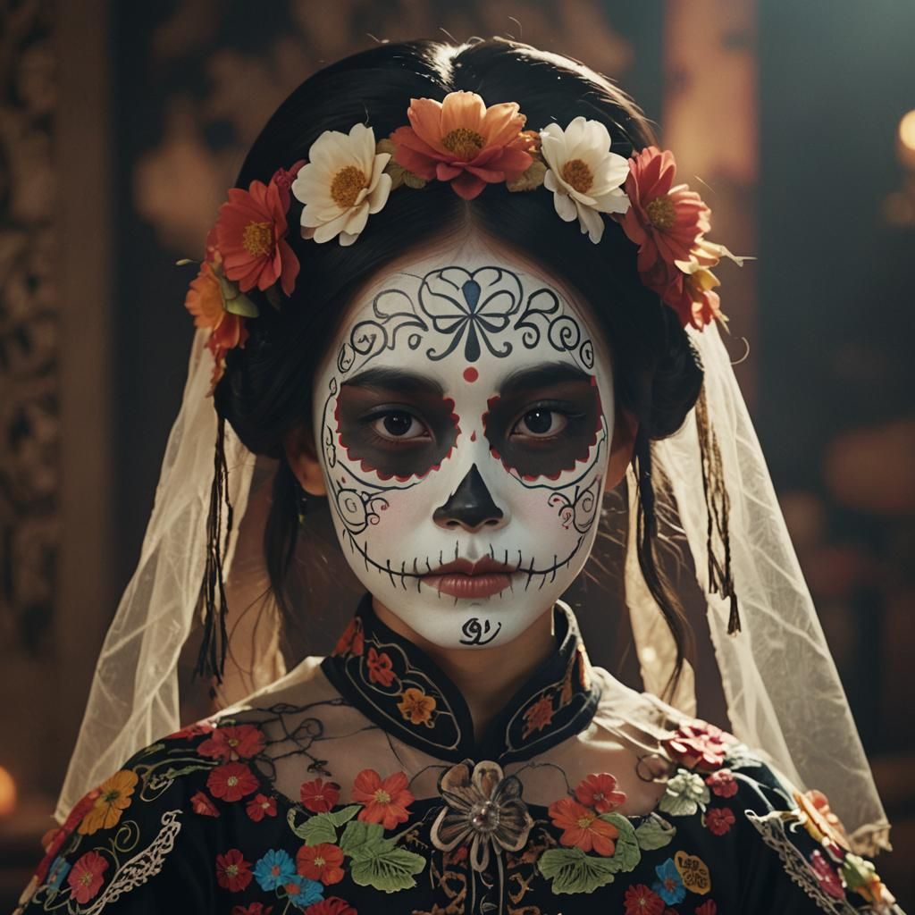 Chinese Girl in Catrina Costume, Realistic Anime Portrait